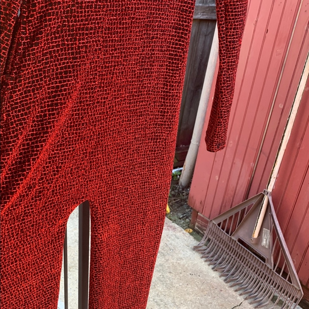 Red Textured Long Sleeve Jumpsuit